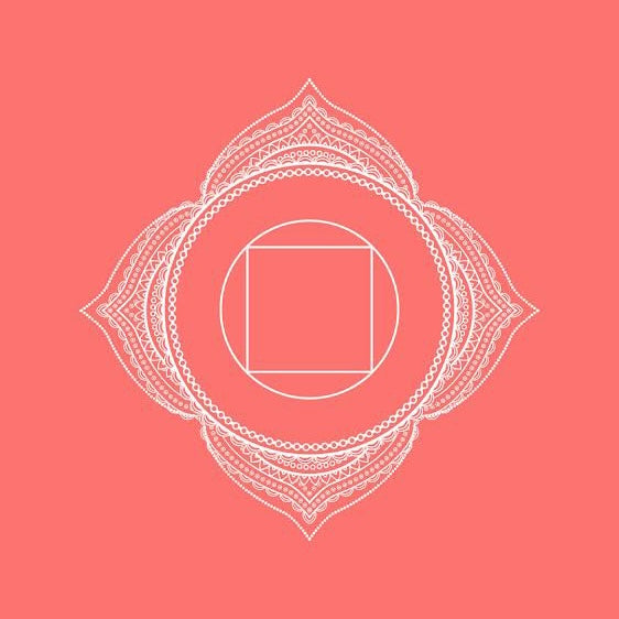 Base Chakra Symbol  Is a four petal lotus   With a downward pointing triangle inside a square    The downward-pointing triangle is a symbol of spirit connecting with matter, grounding on the earth and our earthly existence, in our bodies. 